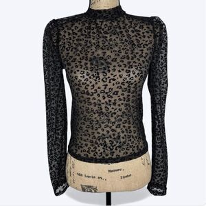 Electrica Sheer Mesh Black Top Sz M Animal Print Puff Sleeve Whimsigoth Vamp